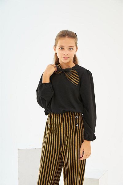 Hilal Akıncı Kids Girl's Black Blouse Striped Trousers Buckle 3-Piece Set