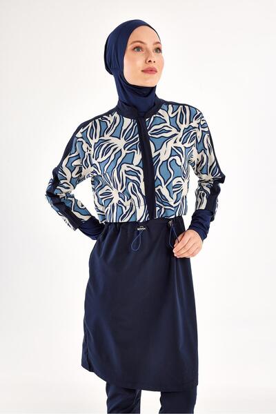 Adasea Dark Navy Blue Women's Feyra Long Sleeve Hijab Swimsuit