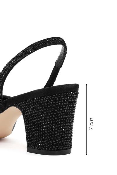 Derimod Women's Black Rhinestone Open Back Short Thick Heeled Leather Shoes 24Wfd1224Ts