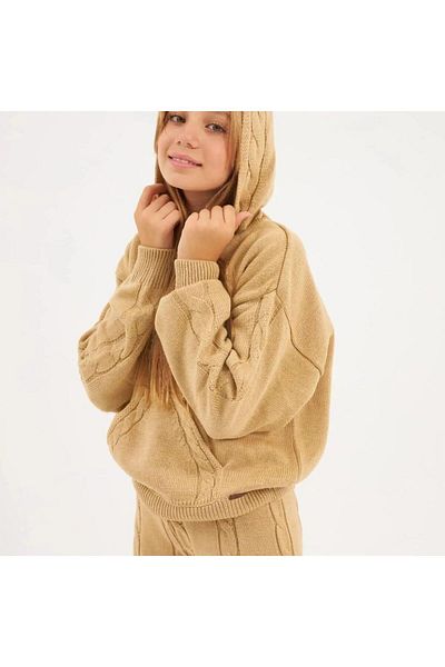 Hilal Akıncı Kids Twist Knit Detailed Hooded Knitwear Sweatshirt Knitwear Pants Set of 2