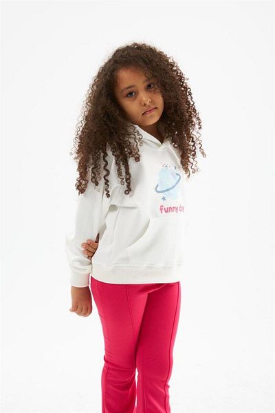 Hilal Akıncı Kids Girl's Design Printed White Sweatshirt Flared Leg 2 Piece Set