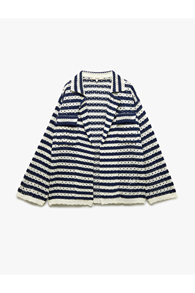 Koton Cep Detaylı Uzun Kollu Ajurlu Çizgili Oversize Kroşe Ceket