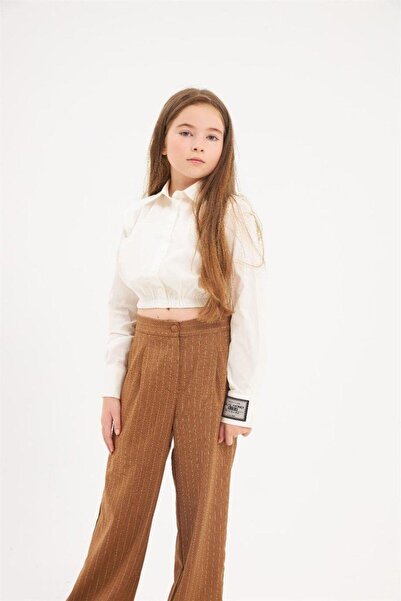 Hilal Akıncı Kids Set de 2 piese pentru fete, cămașă albă cu mâneci cu design căptușit, cu etichetă, pantaloni largi, cu picioare largi