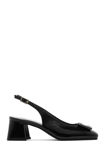 Derimod Women's Black Ankle Buckle Open Back Short Thick Heeled Patent Leather Shoes 25Sfd 182616