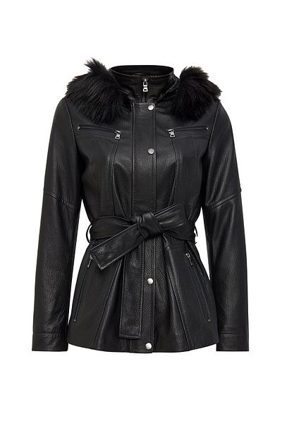 Derimod Rebecca Women's Black Collar Shearling Leather Coat 24Wge52092H