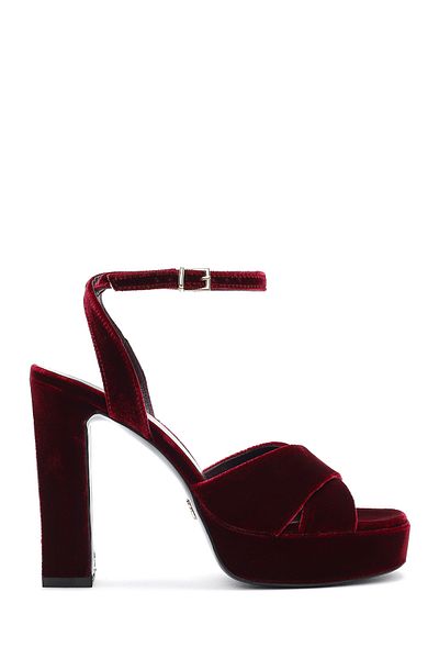 Derimod Women's Burgundy Ankle Buckle Platform High Thick Heeled Velvet Sandals 24Wfd12316F