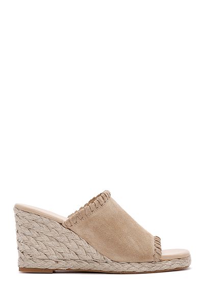 Derimod Papuci espadrille din piele de căprioară cu toc bej pentru femei 25SFD 150510