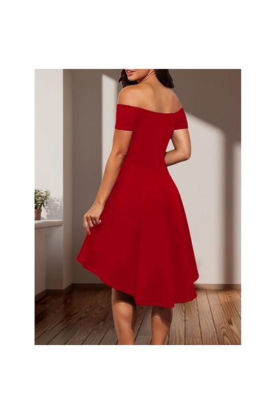 JANES Women's Short Sleeve Madonna Collar Short Front Long Back Imported Crepe Dress