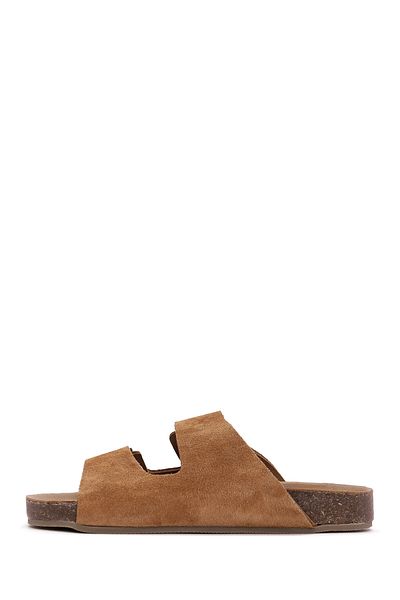 Derimod Women's Tan Double Buckle Suede Leather Slippers 25Sfd 150210
