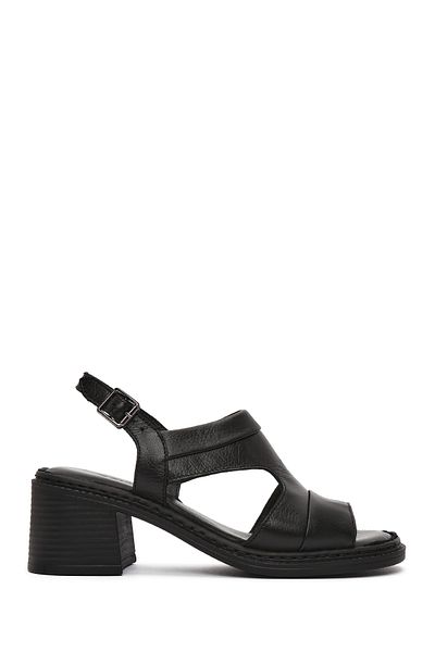 Derimod Women's Black Ankle Strap Thick Heeled Leather Sandals 25Sfd 341018