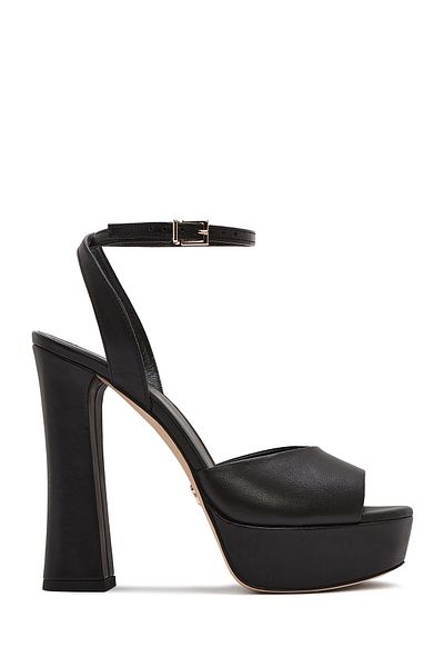 Derimod Women's Black Ankle Buckle Platform High Thick Heeled Leather Sandals 25Sfd 120518
