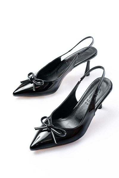 Aymood INF-4500 Pantofi cu toc cu fundă, din piele neagră, zilnică