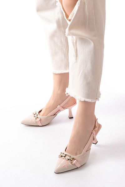 Aymood K-250 Powder Linen Daily Open Back Buckle Heeled Women's Shoes