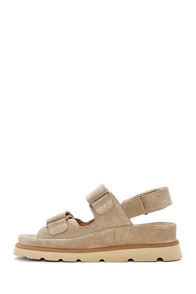 Derimod Women's Beige Double Striped Suede Leather Sandals 25Sfd 152910