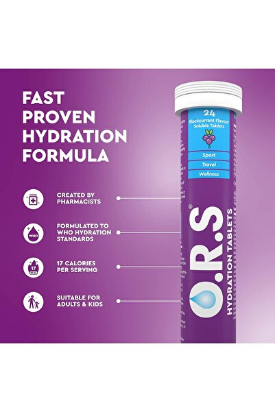 ORS O.R.S Hydration Tablets with Electrolytes, Vegan, Gluten & Lactose Free, Blackcurrant, 24 Tablets