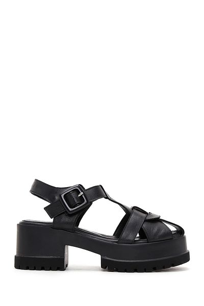 Derimod Women's Black Ankle Strap Thick Sole Leather Sandals 25Sfd 200318