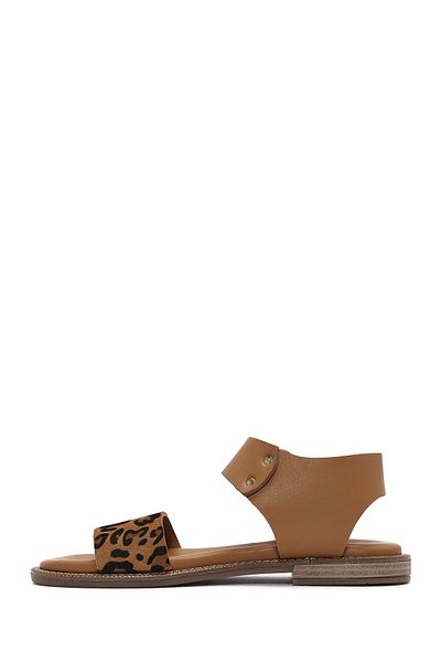 Derimod Women's Tan Buckle Leopard Patterned Leather Sandals 25Sfd 201114