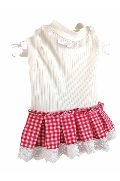 PATİBÖR Red and White Dog Outfit with Lace Detailed Skirt
