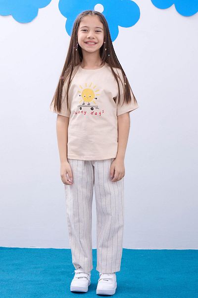 Perendi Set de 2 tricouri unisex pentru copii - maneca scurta, imprimata, bej-alb