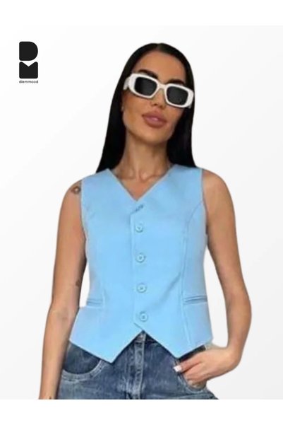 Diemmood Women's Buttoned Classic Blue Vest