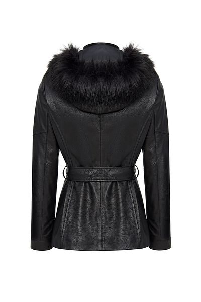 Derimod Rebecca Women's Black Collar Shearling Leather Coat 24Wge52092H