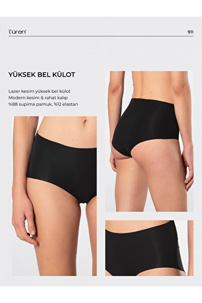 TÜREN 911 Chiloți de damă din bumbac tăiat cu laser cu talie înaltă, negri