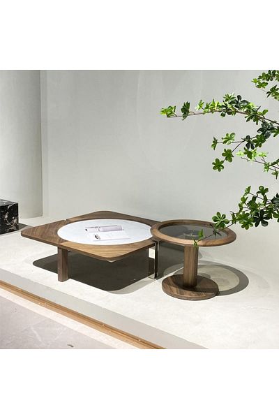 Trendat Square shaped wood and marble coffee table with round glass top side table