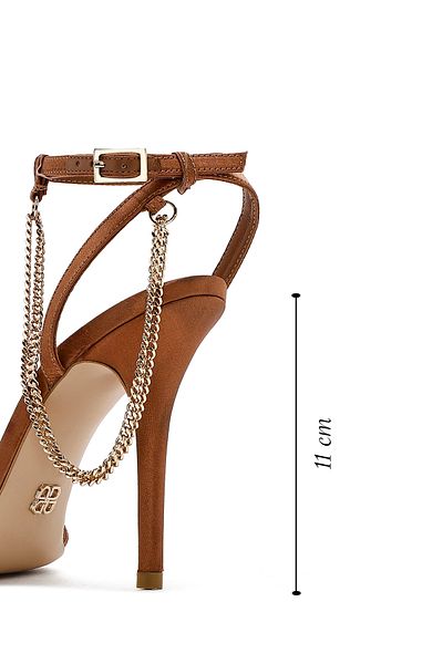 Derimod Women's Bronze Ankle Strap Chain Detailed Satin Leather Thin High Heel Sandals 25Sfd12036F