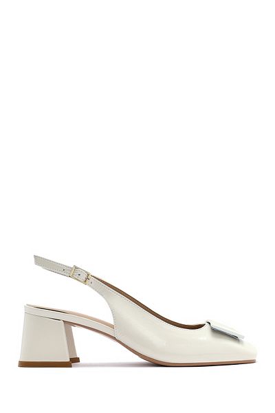 Derimod Women's Beige Ankle Buckle Open Back Short Thick Heeled Patent Leather Shoes 25Sfd 182616