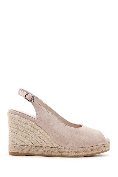 Derimod Women's Beige Back Tie Wedge Heeled Suede Leather Espadrille 25Sfd 151010