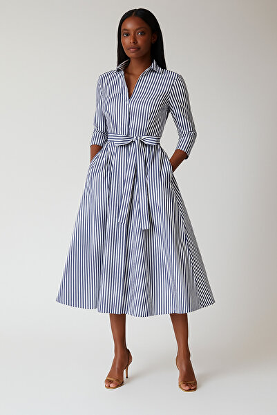 UNTIMELY Çizgili & Cepli Midi Boy Şık/Casual Gömlek Elbise