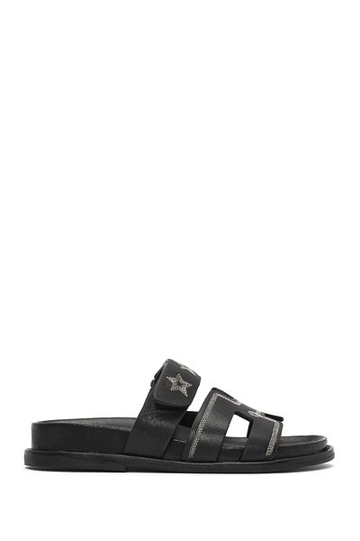 Derimod Women's Black Banded Patterned Leather Slippers 25Sfd 230018