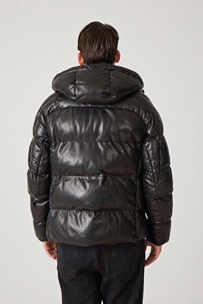 Deriderim Black Olaf Men's Hooded Lined and Fiber Zippered Warm Genuine Leather Coat