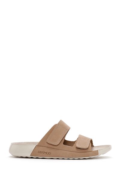 Derimod Women's Beige Double Banded Nubuck Leather Comfort Slippers 25Sfd5002V3