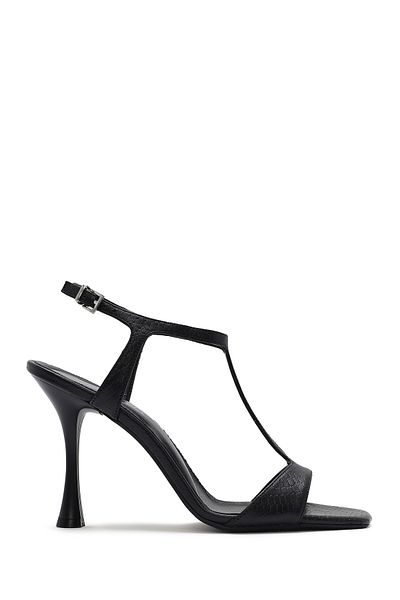 Derimod Women's Black Ankle Strap Patterned Leather Thin High Heel Sandals 25Sfd1614My