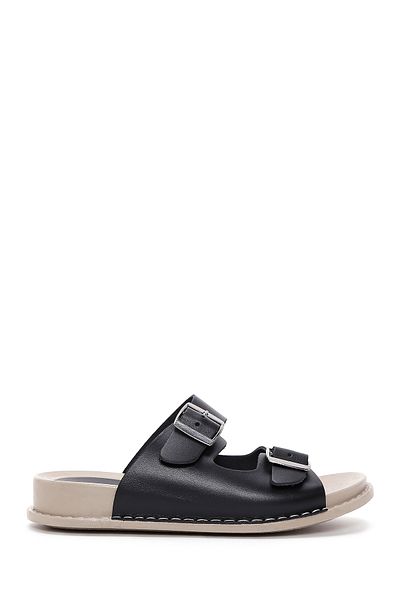 Derimod Women's Black Double Buckle Leather Comfort Slippers 25Sfd 500018