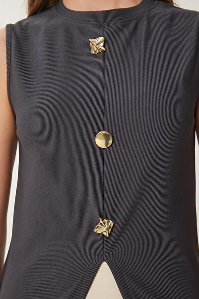 Lovelyİstanbul Gold Buttoned Ribbed Knitted Blouse Anthracite Lzv0007