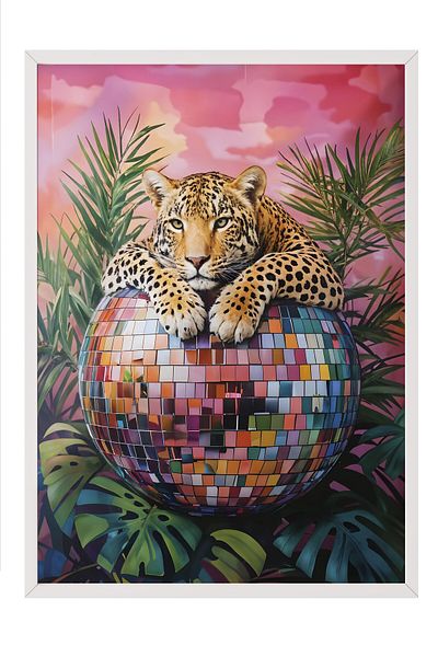 Postifull Pictură cu cadru alb, Leopard pe discoteca, pictură murală pentru bucătărie din seria Comfort, NR: 108942