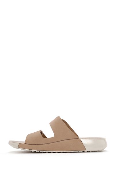 Derimod Women's Beige Double Banded Nubuck Leather Comfort Slippers 25Sfd5002V3