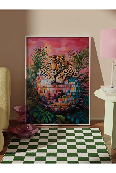 Postifull Beyaz Çerçeveli Tablo, Leopard on Disco Ball, Comfort Serisi Mutfak Duvar Tablosu, NO:108942