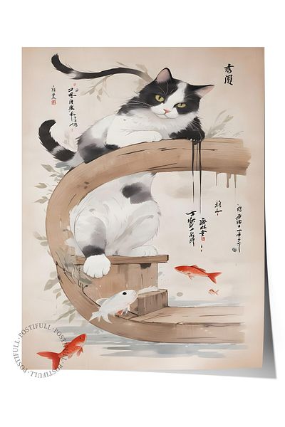 Postifull Poster fără încadrare, pisica pe un copac japonez, poster de perete de bucătărie din seria Comfort, NR: 109163