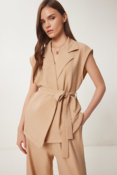 Lovelyİstanbul Belted Vest Palazzo Woven Suit Biscuit Lby0003