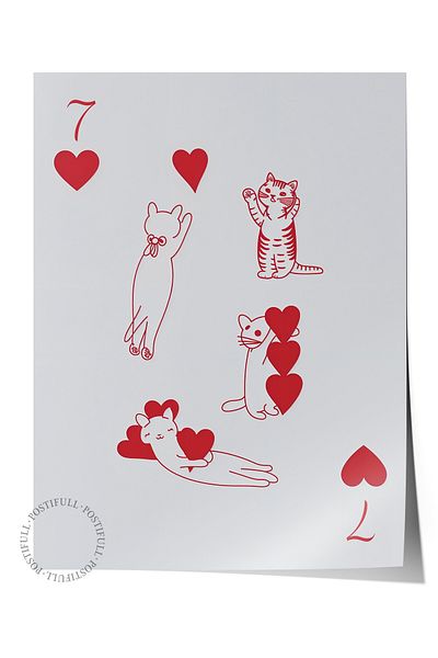 Postifull Frameless Poster, Red |   7 of Hearts with Cats, Comfort Series Kitchen Wall Poster, No:108938