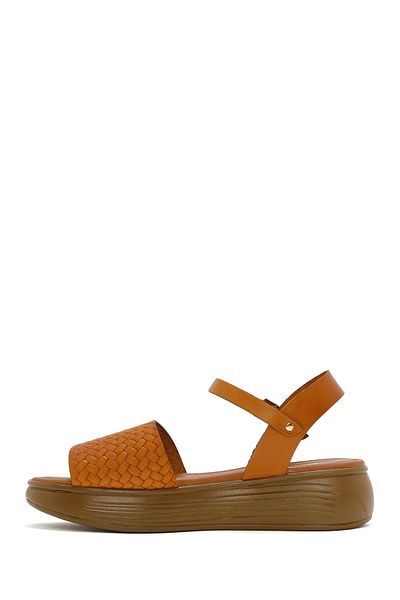 Derimod Women's Tan Ankle Strap Braided Thick Sole Leather Sandals 25Sfd 332626
