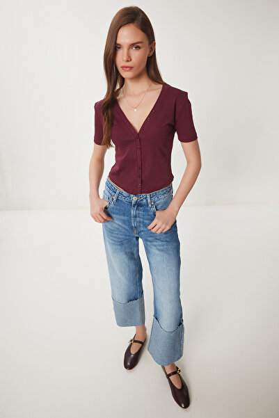 Lovelyİstanbul Βασική πλεκτή μπλούζα με κουμπιά Claret Red LCR0052