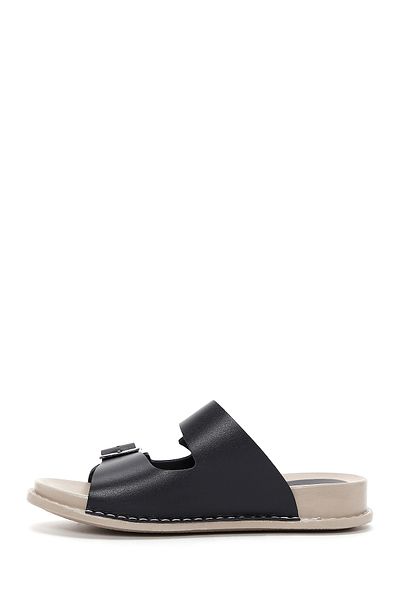 Derimod Women's Black Double Buckle Leather Comfort Slippers 25Sfd 500018