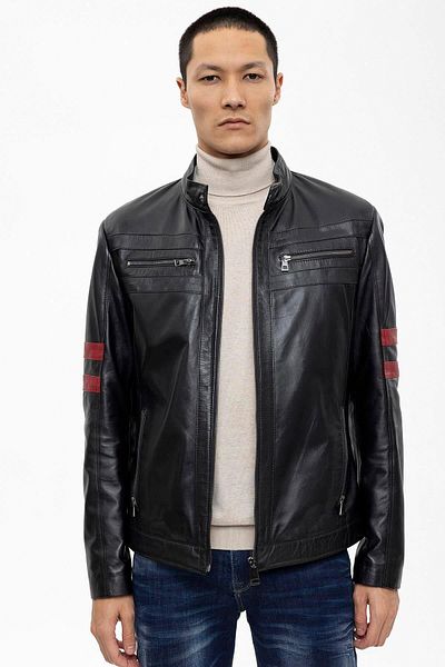 Deriderim Black Elvis Zippered Red Striped Sports Lined Men's Short Genuine Leather Coat