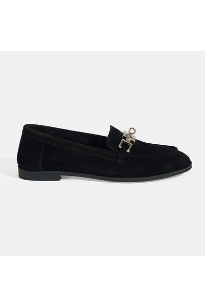 Desa Loafer negru pentru femei, din piele intoarsa, cu accesorii de blocare