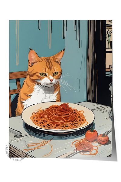 Postifull Poster fără încadrare, pisica portocalie cu spaghete, poster de perete de bucătărie din seria Comfort, NR:109089