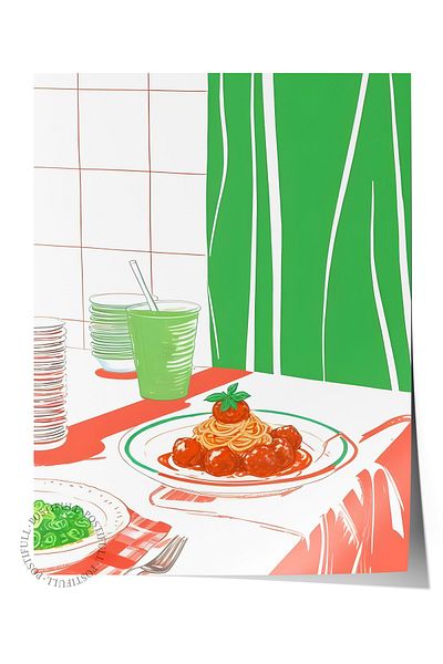 Postifull Frameless Poster, Meatball Spaghetti, Comfort Series Kitchen Wall Poster, No:109110